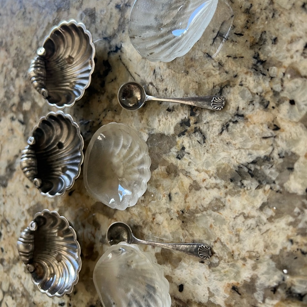 A Marsden and Co- Silver and Clear liner Shell-Shaped Condiment Set with spoons